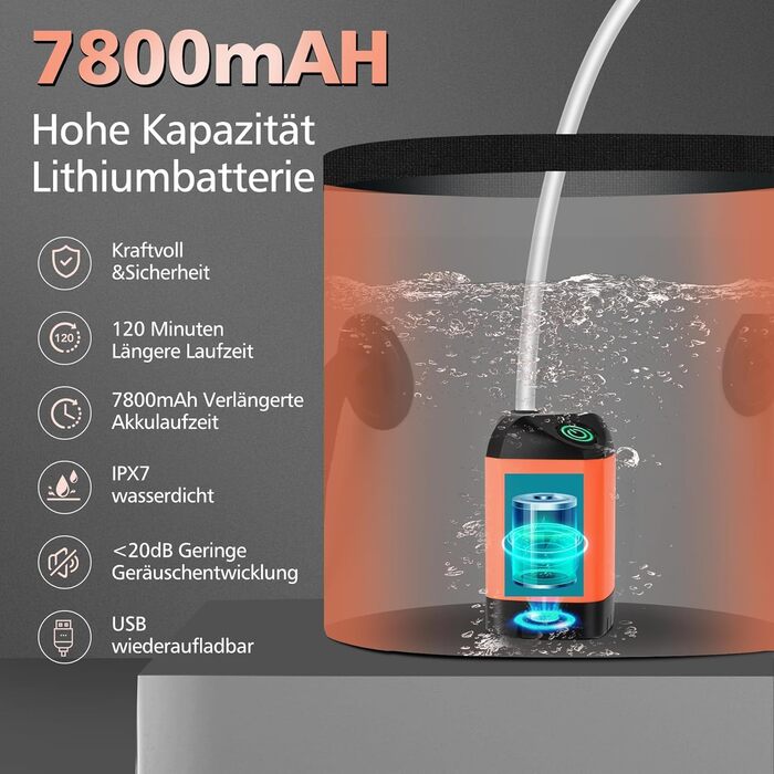 Портативний душ для кемпінгу Leise з акумулятором 7800mAh, USB-C, 3 режими, LED-дисплей - помаранчевий