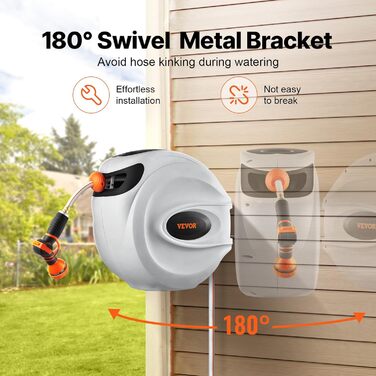 Збірний барабан для шланга VEVOR 12 мм x 40 м з кріпленням на стіну, автоматичний зворотний відбій, поворотна кріплення 180° та насадка з 9 шаблонами