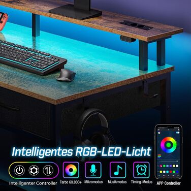 Комп'ютерний стіл Rolanstar з ящиками, розетками та LED підсвіткою, ігровий стіл з підставкою для монітора, полиця та 2 гачки, для офісу та вітальні (білий, 100x47x90,5 см)