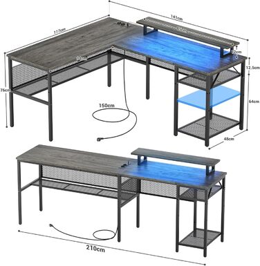 L-подібний ігровий стіл, 141x117x76 см, з полицею, для дому, офісу, навчання, ігор (гранатовий дуб)