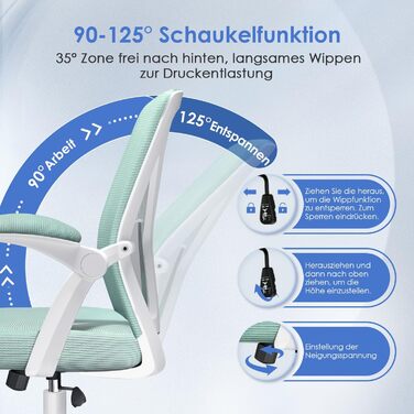 Офісне крісло Hinode з підйомними підлокітниками та функцією гойдання, 360° обертання, регульована висота, ергономічне крісло для дому та офісу з дихаючою сіткою, до 150 кг (Блакитно-зелений, Стиль 1)