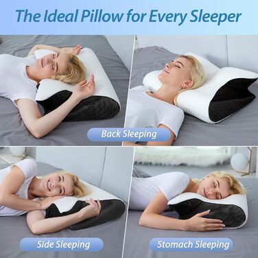 Ортопедична подушка HOMCA 2 в 1 з Memory Foam для сну на спині, боці та животі, 60x40x12/14 см, чорна