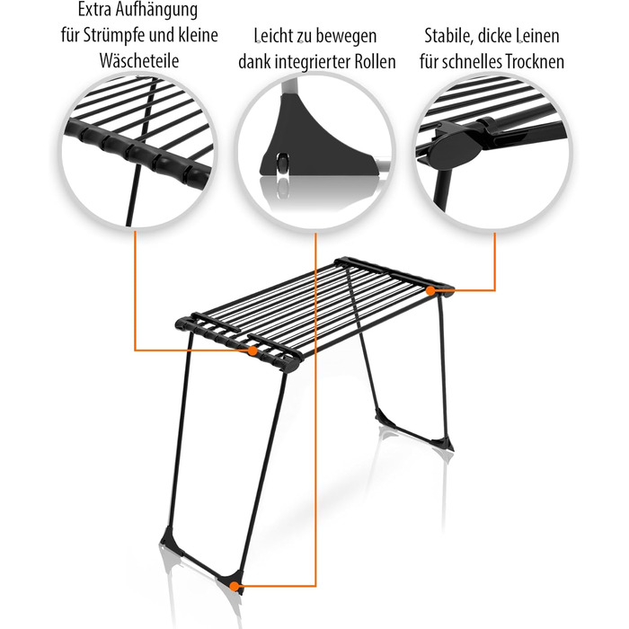 Розсувна сушарка для білизни BigDean Jumbo чорна, довжина стрічок 28м, посилені льон-троси