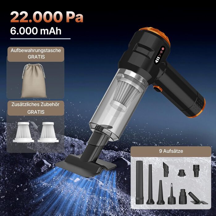 Акумуляторний ручний пилосос Piwaal 4-в-1, 22000Па, безщітковий двигун з функцією обдуву (220000 об/хв), для авто, дому, офісу та комп'ютера, чорний