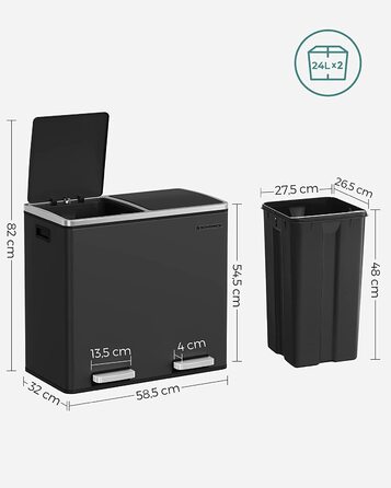 Відро для сміття SONGMIC, відро для сміття, система поділу сміття на 2 відсіки, кухонне відро для педалей, м'яка кришка, пластикове внутрішнє відро з ножними педалями і ручками, чорне LTB48BK, 58.5x32x54.5 см, 2 x 24 л