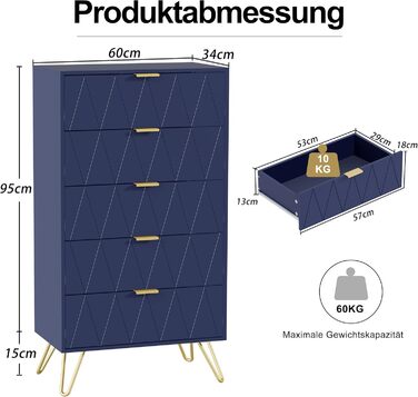 Комод, 5 ящиків, 60x34x110см, Темно-синій, Сучасний хайборд для вітальні/спальні, передпокою