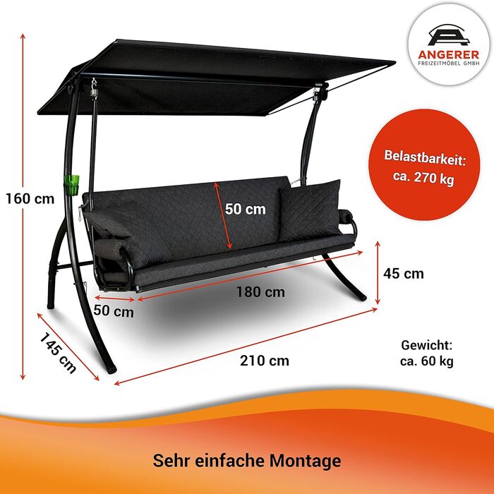 Гойдалка Ангелер Голлівуд Елеганс Джой – для сидіння, лежання та відпочинку, з функцією ліжка, проста збірка, Made in Germany, високоякісний матеріал, темно-сірий