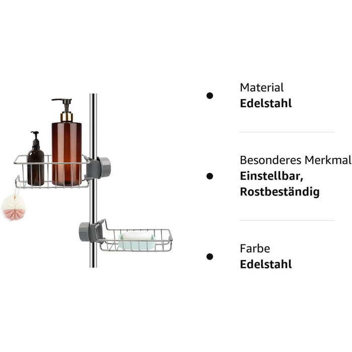 Душова полиця без свердління з нержавіючої сталі, душова полиця з нержавіючої сталі, душова корзина, тримач для шампуню тримач для гелю для душу тримач для мила, тримач для губки органайзер для штанги 18-27 мм (макс. 60 символів), 2 шт.