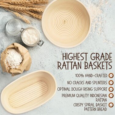Набір для випічки закваски Superbaking: корзини Banneton (2 шт.) круглі (23 см) та овальні (25.4 см), стартер для закваски