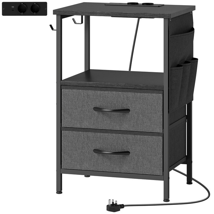 Журнальний столик-приліжкові з підзарядною станцією, сталевий каркас, USB-C порти, ящики, гачки, розміри 40x30x60 см, чорний