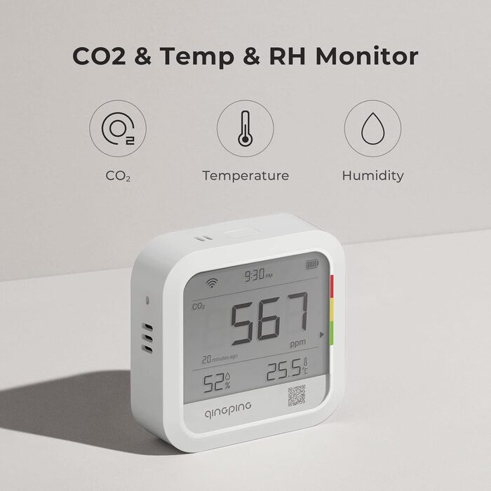 Qingping Датчик CO2, термометр та гігрометр з дистанційним моніторингом через Qingping IoT, для різних сценаріїв, з швидкою системою оповіщення