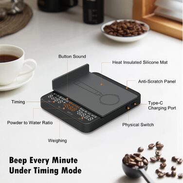 Ваги для кави NUTRI FIT Mini з таймером, USB-C, LED-дисплеєм, 2 кг/0,1 г, чорний