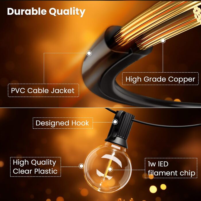 Світлодіодна гірлянда для вулиці Lichterkette 60м, G40 LED, диммування, водонепроникність IP45, 104 пластикові лампочки, 2700K тепле біле світло, для декору саду, тераси, вечірки (2x30м, з пультом)