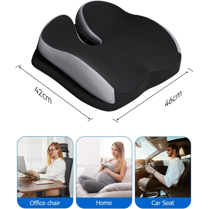 Ортопедична подушка Xespis для сидіння, Memory Foam, для болю в куприку, сідниці, геморої, спини, чорна