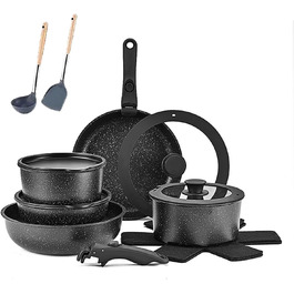 Набір каструль 17 предметів з знімними ручками: посуд для приготування їжі, набір каструль для індукційних плит, антипригарне покриття, підходить для всіх типів плит, придатний для миття в посудомийній машині (молочно-білий) (чорний)