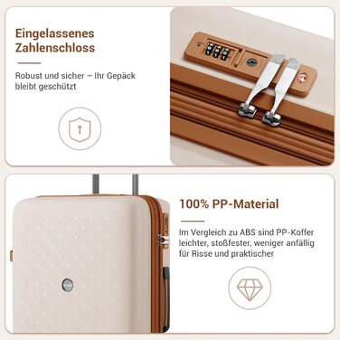 Чемодан ручної поклажі KONO з тримачем для напоїв, жорсткий, легкий, з поліпропілену, розширюваний, 4 колеса, TSA-замок, кремовий/коричневий, M