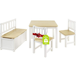 Дитячий меблевий набір Bomi Anna: стіл, 2 стільці та лавка-сховище | Меблі для дитячої кімнати з екологічного дерева | Білий (білий-натуральний)