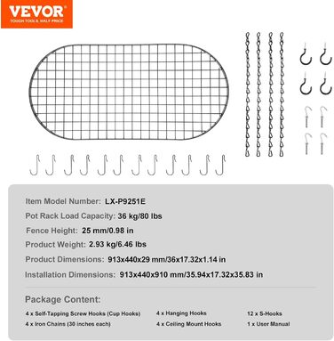 Підвісна підставка для горщиків VEVOR 913 мм з 20 S-подібними гачками, вага завантаження 36 кг, ідеально підходить для сковорідок, посуду, посуду