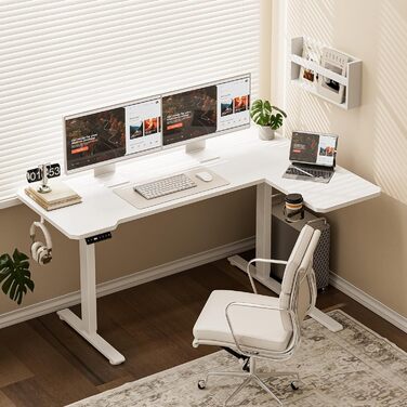 Кутовий стіл з регулюванням висоти 150x100 см, електричний, ергономічний, білий. З підстаканниками та гачками.