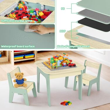 Дитячий стіл Mamizо з 2 стільцями: комплект меблів для дитячої кімнати, стіл для малювання та ігор, зелений