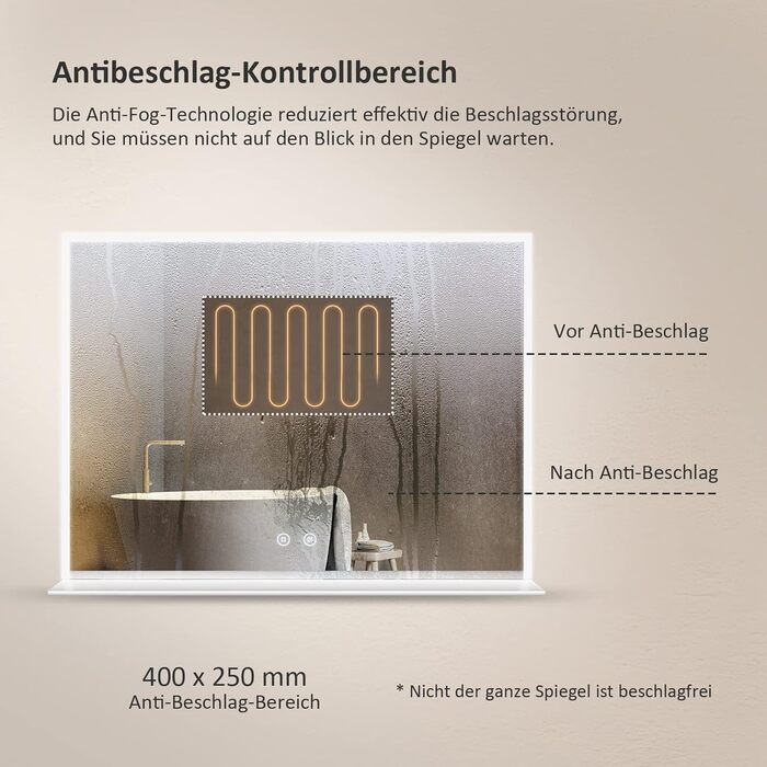 Дзеркало для ванної кімнати EMKE з підсвічуванням 80x60 см, з полицею, антизапар, регульоване холодне біле світло 6500K, сенсорне управління, функція пам'яті, прямокутне дзеркало для ванної кімнати (з полицею) 80Ш x 60В см