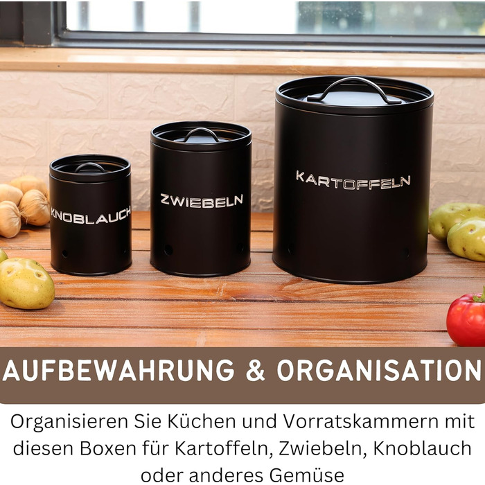 Коробки для зберігання картоплі, цибулі та часнику (набір 3 шт.) - Коробки для овочів з вентиляційними отворами, матовий чорний