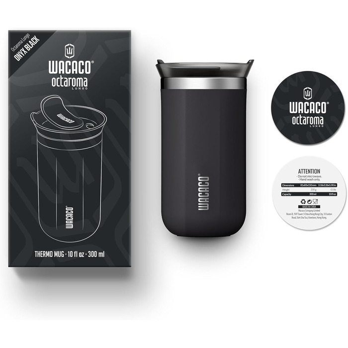 Kafébecher Octaroma Lungo від WACACO: вакуумна ізоляція, нержавіюча сталь, 300 мл, чорний