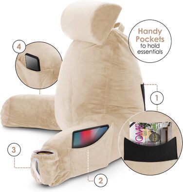 Подушка для читання Clara Clark з великою спинкою, з піною з пам'яті, для дорослих, з підлокітниками та кишенями (Велика, Бежево-кремовий)