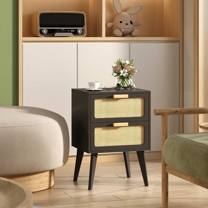 Журнальний столик з ротангу, чорний колір, з 2 висувними ящиками, стиль бохо, для вітальні та спальні