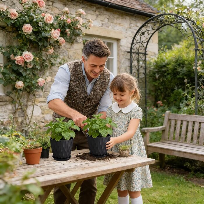 Набір горщиків для квітів 20 см, 5 шт. Чорні пластикові горщики з підставкою та дренажними отворами, 3D-текстура, для монстери, герані та кімнатних рослин, внутрішнє та зовнішнє використання