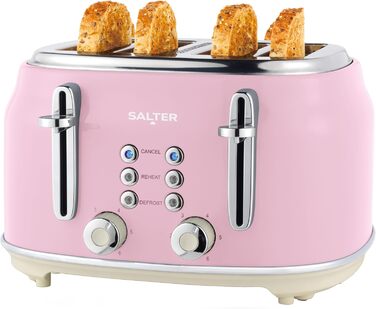 Тостер SALTER Retro на 4 скибки, рожевий, 1630 Вт, широкі отвори, 6 режимів підсмажування, функції розморожування, підігріву, відміни, знімний піддон для крихт, автоматичне центрування