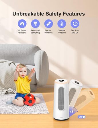 Керамічний обігрівач CLEVAST 1500W з терморегулятором та таймером, 83°C, осциляція, для спальні/офісу (Small)