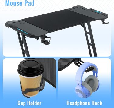 Ігровий стіл Kidsgigglz з LED-підсвічуванням 120x60 см - ергономічний комп'ютерний стіл з тримачем для напоїв та гачком для навушників. Підходить для дому, офісу та як кутовий стіл.