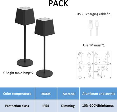 LED акумуляторна настільна лампа K-Bright з регулюванням яскравості, тепле світло, для дому та вулиці, USB-C, 3000K, чорний