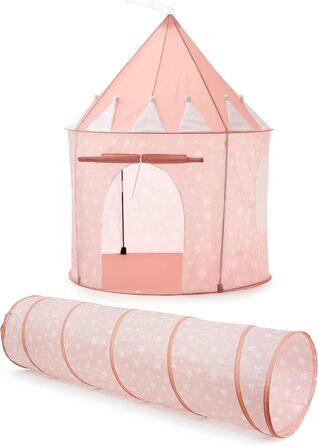 Дитяче намету для ігор | Ігровий намет-типі для дівчаток та хлопчиків, 140 x 120 см, бавовняна канва з зірками, килимок в комплекті (рожевий намет з тунелем)