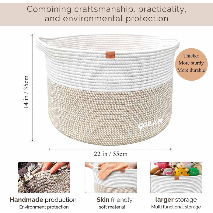 Великий міцний кошик для білизни з плетіння, сірий/бежевий (горизонтальний), для зберігання одягу, ковдр, іграшок, 50x38 см