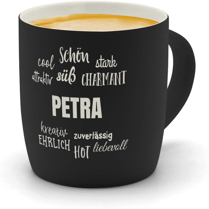 Кружка для кави Петра - Кружка SoftTouch з гравіюванням - Позитивні риси - Матова прогумована поверхня - Чорна (макс. 60 символів)