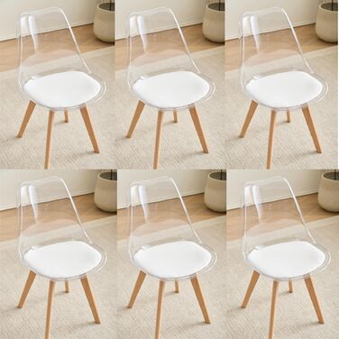 Набір з 6 сучасних стільців для їдальні, кухонних стільців з м'яким сидінням та буковими ніжками для спальні, вітальні, їдальні, кухні – (прозора + біла підкладка з PU шкіри, набір з 6 шт.)
