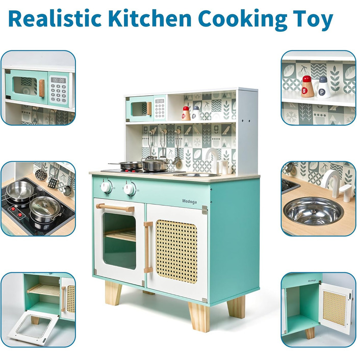 Дитяча дерев'яна кухня для гри - ігровий набір з аксесуарами, 26 предметів, іграшкова кухня для дітей 3+ років, велика зелена кухня