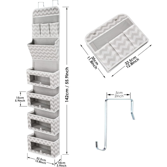Підвісний органайзер Hossejoy Двері у ванну кімнату, візерунок у білу смужку, 8 кишень і вікон, 2 металеві гачки, підвісна полиця