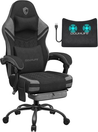 Ігровий крісло Douxlife з тканини з масажем, розширене сидіння з кишеньковими пружинами, ергономічний офісний стілець для PC Gamer з підніжкою та металевим каркасом, вантажопідйомність 158 кг, сірий
