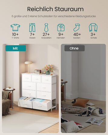 SONGMICS Комод з 9 висувних ящиків, шафа для зберігання, сталь, MDF, фліс, для спальні, прихожей, вітальні, білий (LGS323WH01)