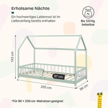 Ліжко дитяче en.casa Hesel для дітей, 90x200 см, біле, з бортиками та ламелями, Montessori, дерев'яне, для юніорів