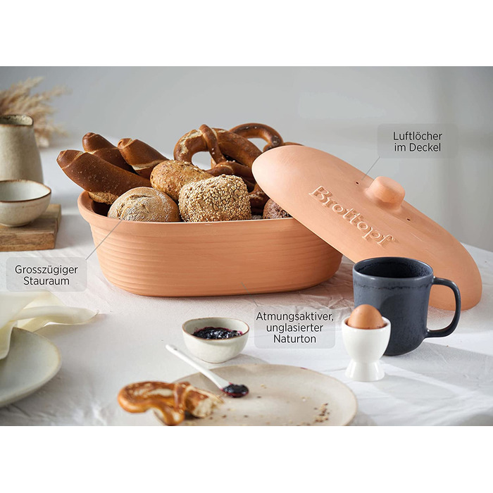 Хлібниця MSER 931996 серії Ceramica овальна з натуральної глини-зручне місце для зберігання хліба-Хлібниця з ручкою на кришці-Bro