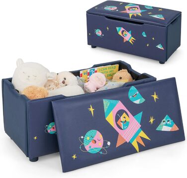 М'яка дерев'яна коробка для іграшок, 75x36x38см, лавка для дітей, скриня для іграшок зі знімною кришкою, дитячий скринька, ящик для зберігання для дитячої кімнати (темно-синій - ракета)