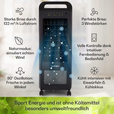 Мобільний охолоджувач повітря Klarstein, охолоджувач повітря 4-в-1, тихий вентилятор, зволожувач повітря та нічний режим, кондиціонер без шланга для відпрацьованого повітря, мобільний кондиціонер з водяним охолодженням, 45 Вт, потік повітря 132 м/год, чор