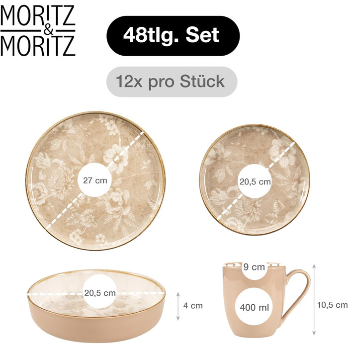 Набір посуду Moritz & Moritz MARIELLA Steingut 48 предметів для 12 осіб - Сучасний сервіз з кераміки бежевого кольору з вишуканим дизайном, легкий у догляді, включає тарілки, чашки, миски та інше.