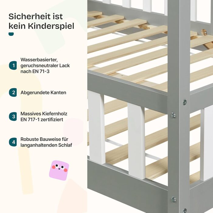 Дитяче ліжко Treviolo Hausbett від en.casa: дерев'яне ліжко Montessori з захистом від падіння, 120x200 см