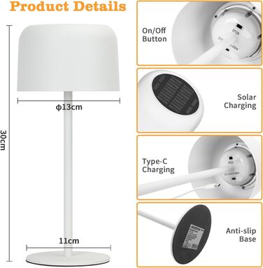 LED настільна лампа Aigostar акумуляторна, торшер бездротовий, сенсорне керування, 3 режими кольору, IP54 вологостійка, для дому та саду