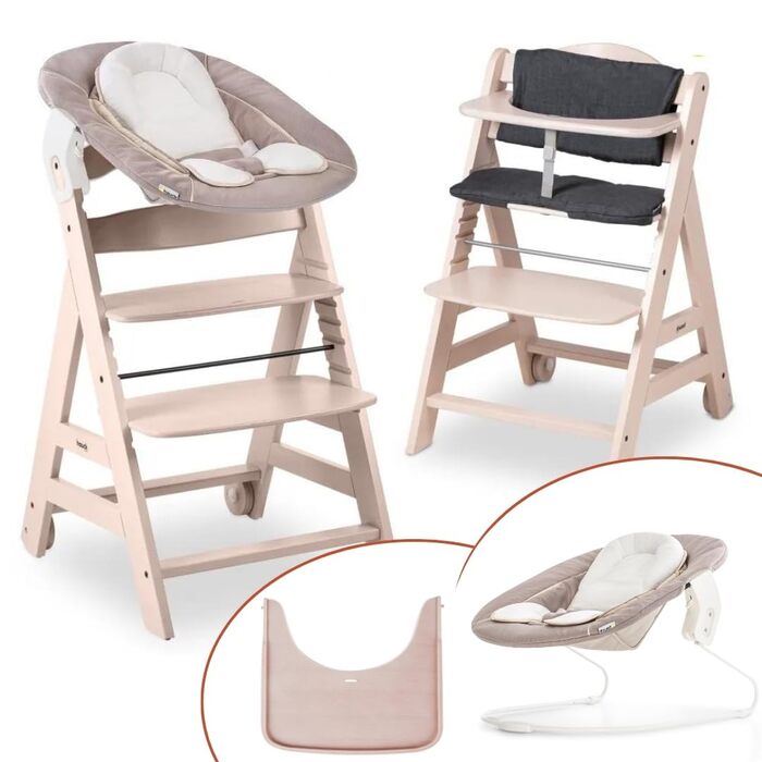 Високий стільчик для годування Hauck Beta+ Newborn Set - комплект для новонароджених, від народження з 2-в-1 функцією гойдалки, подушкою для сидіння та підносом для їжі (Whitewashed)